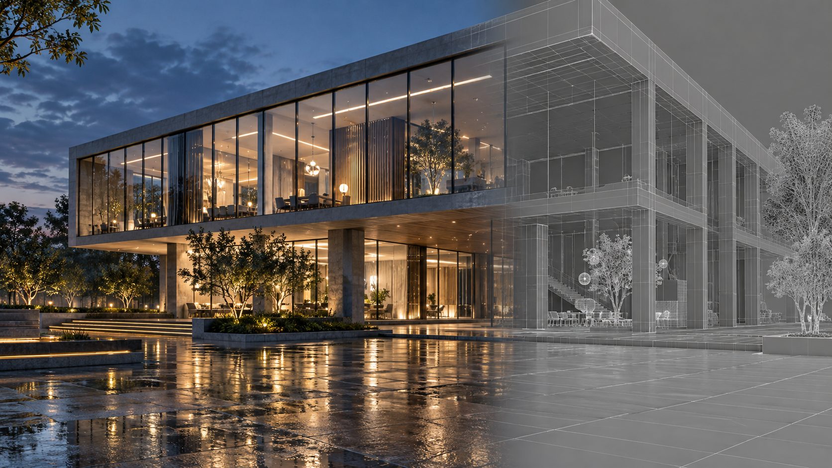 Building exterior resolving from wireframe render into finished visualization