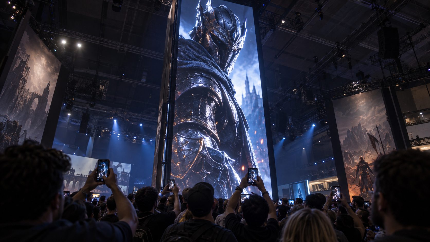 Game event LED wall showing a CGI character
