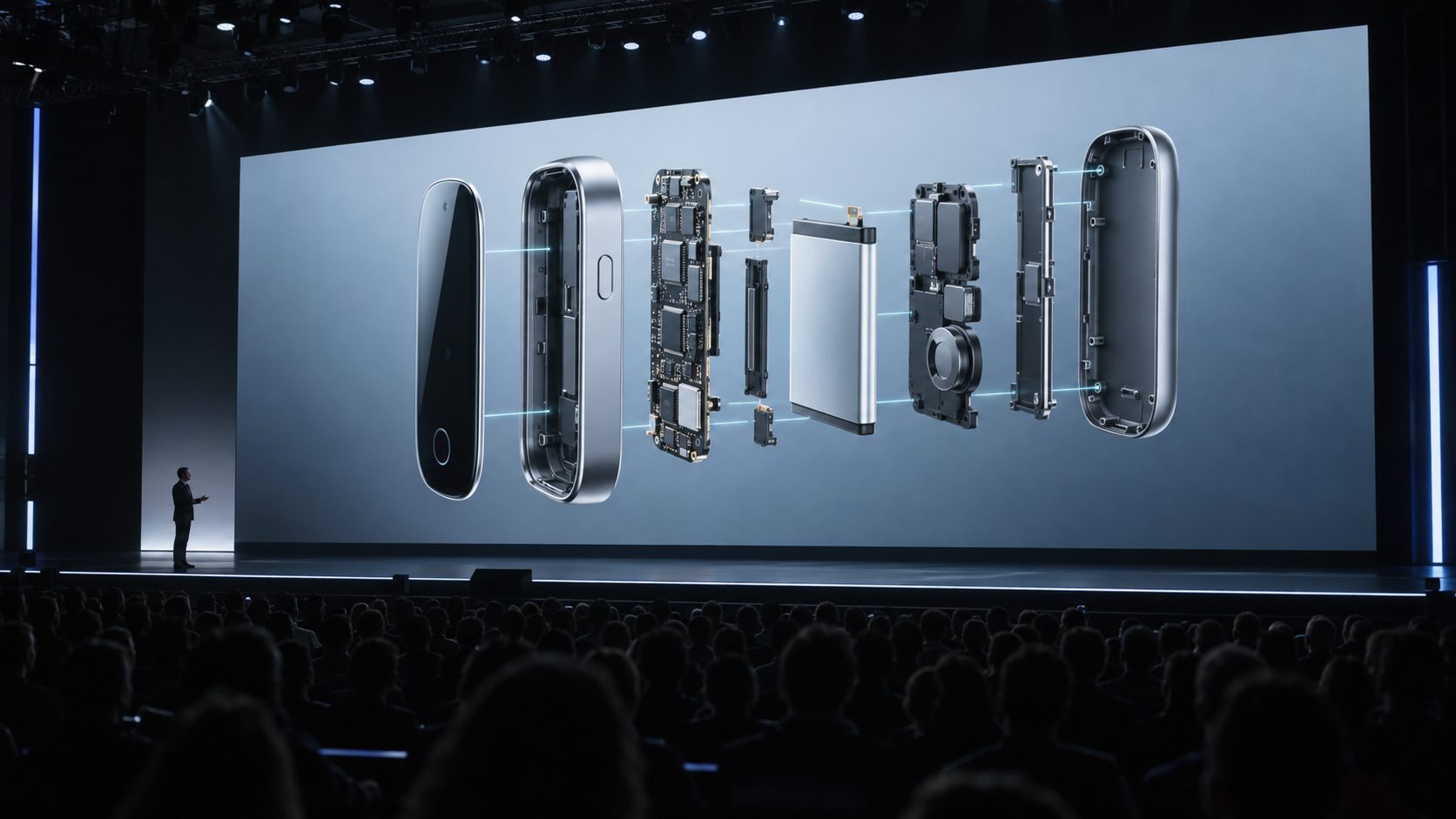 Product launch stage, exploded CGI device on the main screen